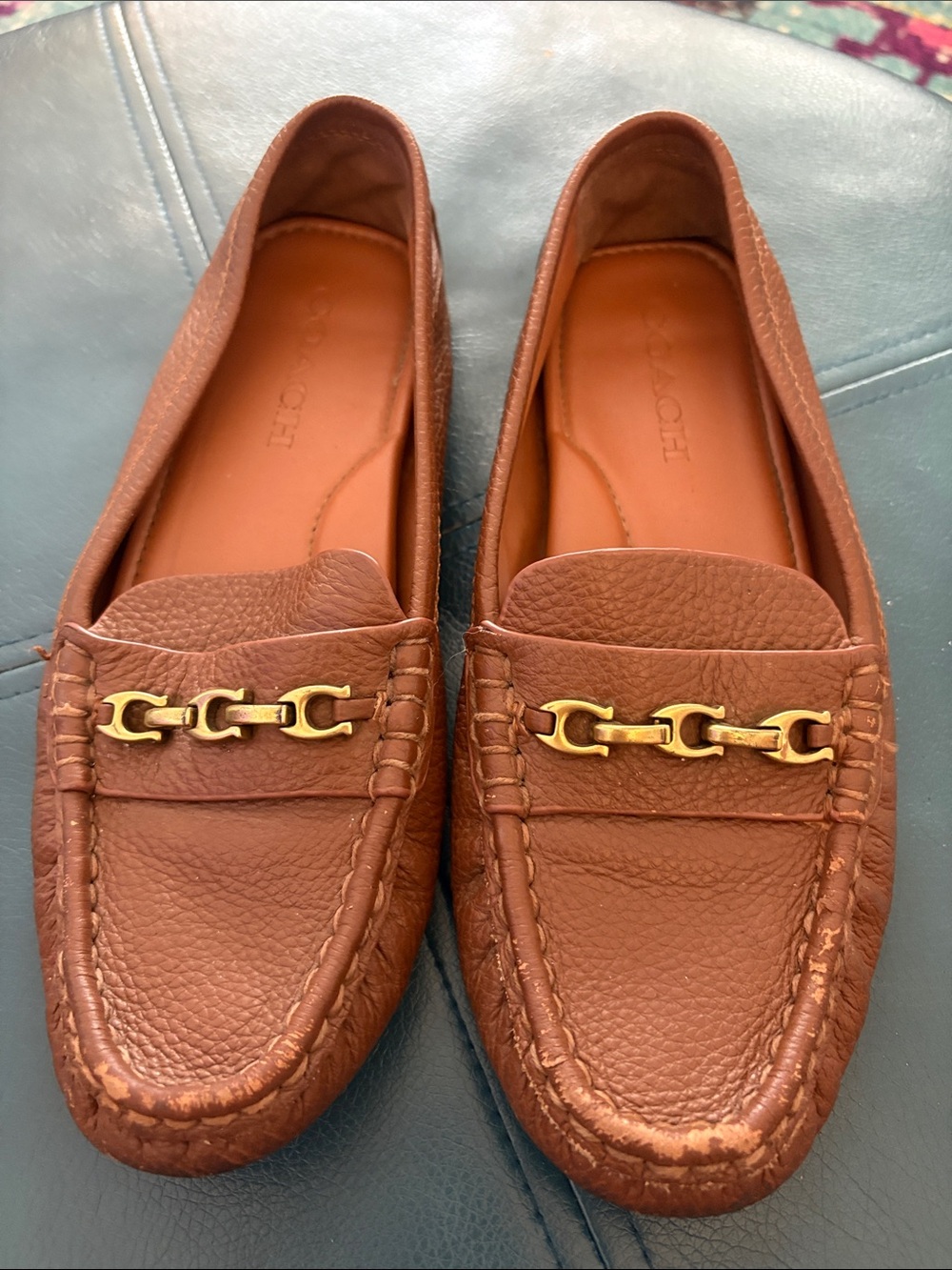 Coach Brown Leather Loafers with Gold Chain Accent